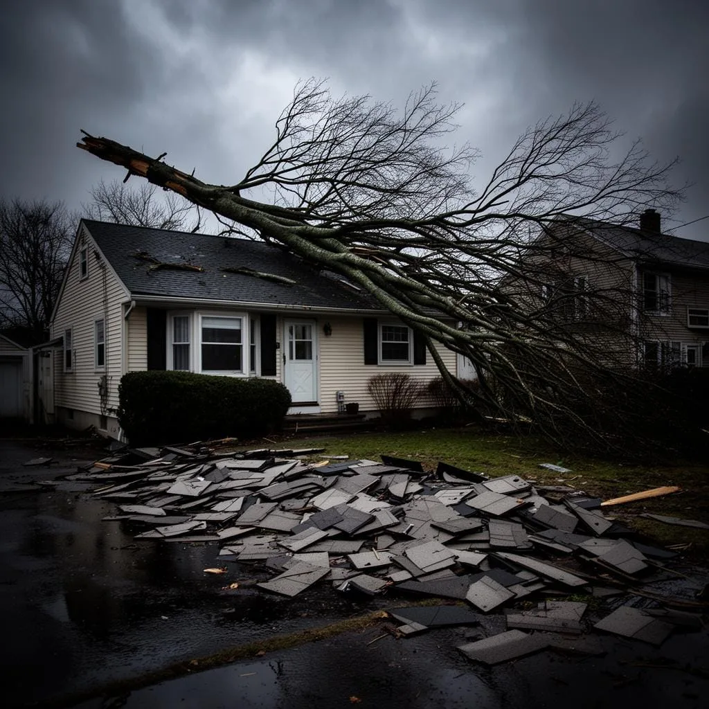 Storm-damaged New Jersey home with a fallen tree and roofing debris